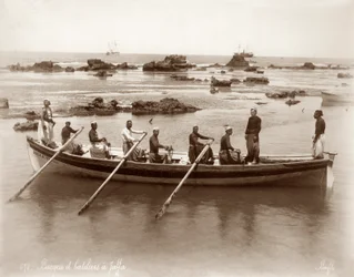 Ansicht eines Bootes und Hafenfelsen in Jaffa, ca. 1867-96